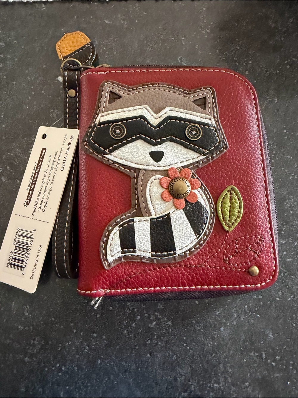 Chala Red Zip-Around Wallet with Raccoon Applique and Wristlet